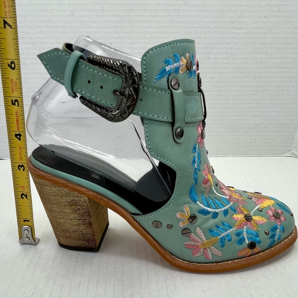 Blue Green Heeled Boots with Floral Embroidery - Picture 7 of 7